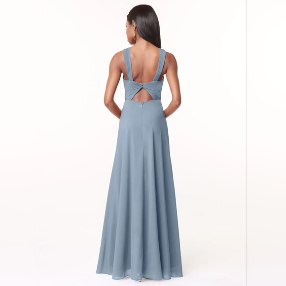 Azazie Brandie Dusty Blue Flowy Pleated Stretch Chiffon Dress - Picture 3 of 7